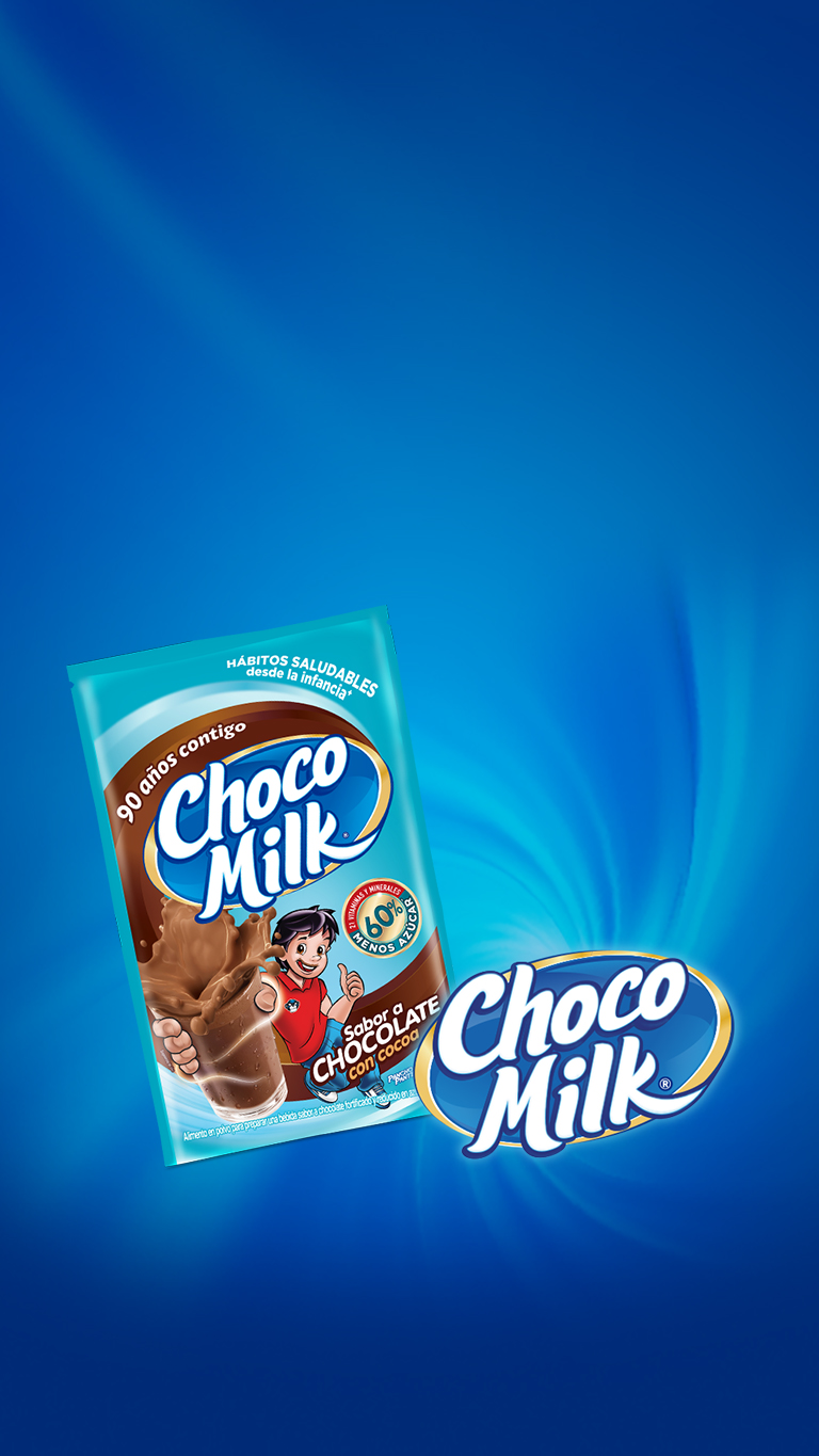 Imagen de fondo para la promoción de Choco Milk®, con empaque de muestra de Choco Milk® 60% menos azucar y logo de la marca Choco Milk®