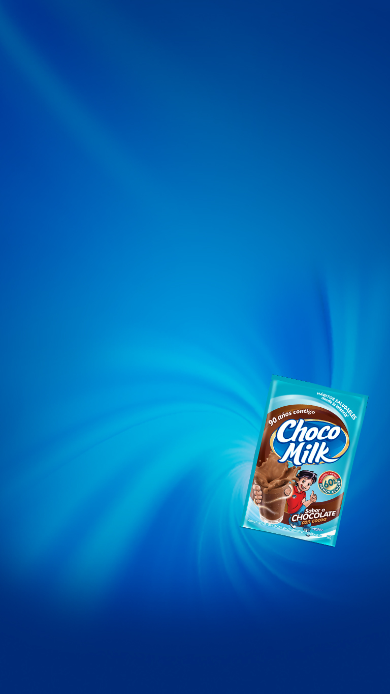 Imagen de fondo para la promoción de Choco Milk®, con empaque de muestra de Choco Milk® 60% menos azucar